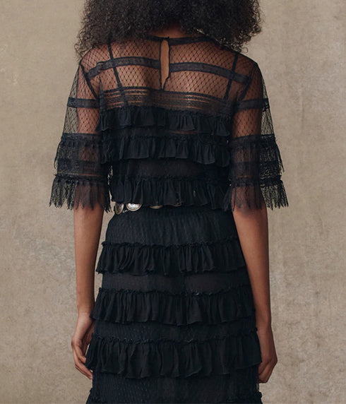 The Winter Lace Flounce Top - Black